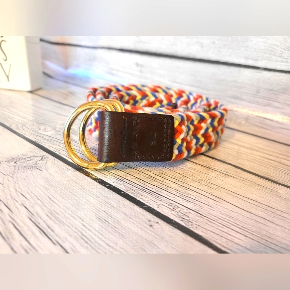 Vintage 1990s Rainbow Woven Belt / 30" Max / Eddie Bauer Leather and Brass Woven - Picture 4 of 4